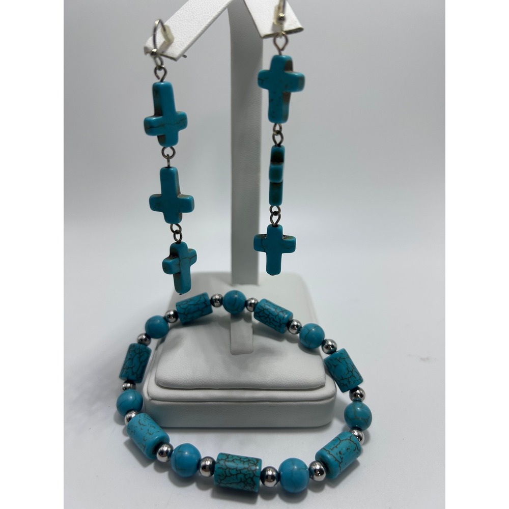 Turquoise Tone Cross Dangle Earrings & Stretch Bracelet Set Blue Beaded Jewelry